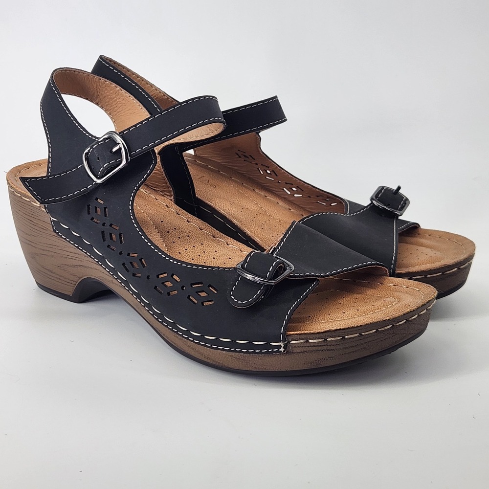 Patrizia by Spring Step Black Wedge Sandals Laser Cut Buckle Slingback Womens 8